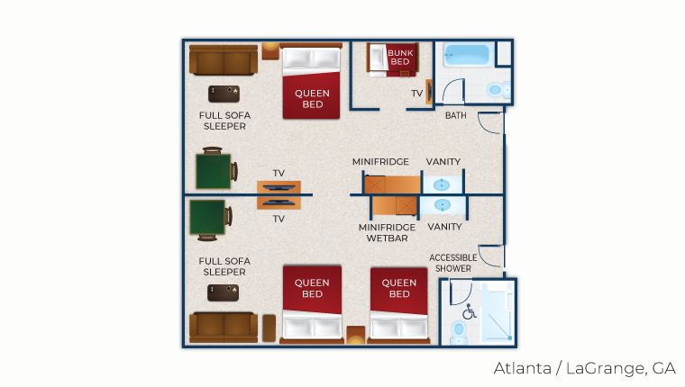 The floor plan for the accessible shower Deluxe Wolf Den Suite